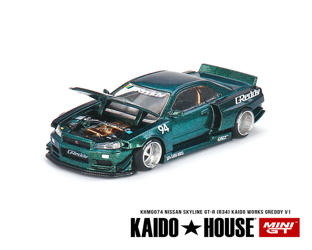 Kaido House x Mini GT 1:64 Nissan Skyline GT-R (R34) Kaido Works GReddy V1 – Green – Limited Edition