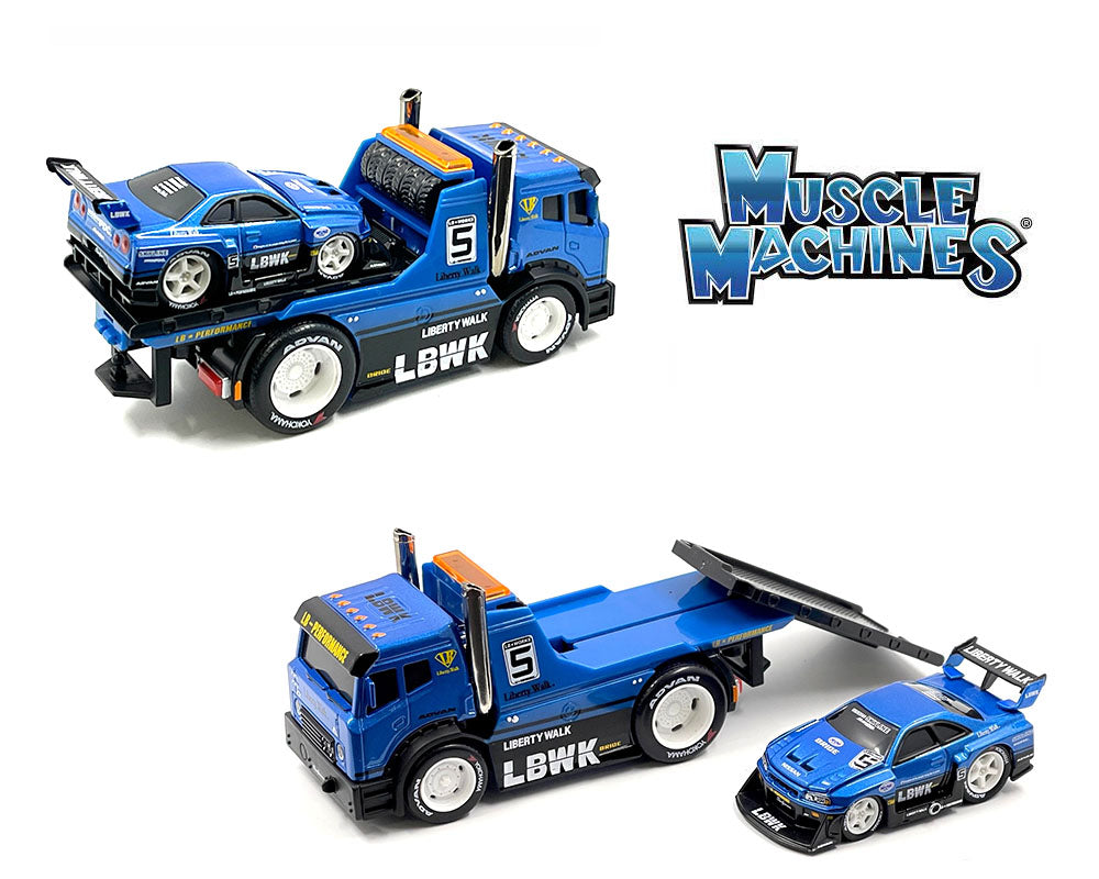 Muscle Machines 1:64 JDM Flatbed / Liberty Walk 1999 Nissan Skyline GT-R R34 – Blue – Muscle Transports Model 14