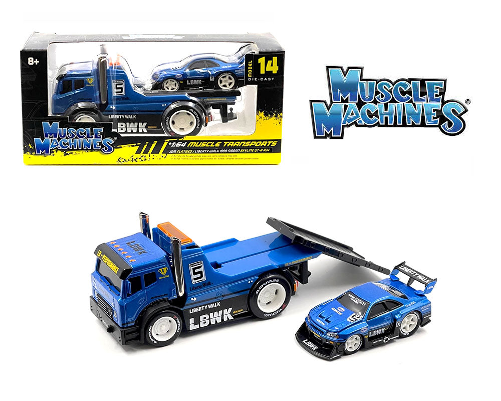 Muscle Machines 1:64 JDM Flatbed / Liberty Walk 1999 Nissan Skyline GT-R R34 – Blue – Muscle Transports Model 14