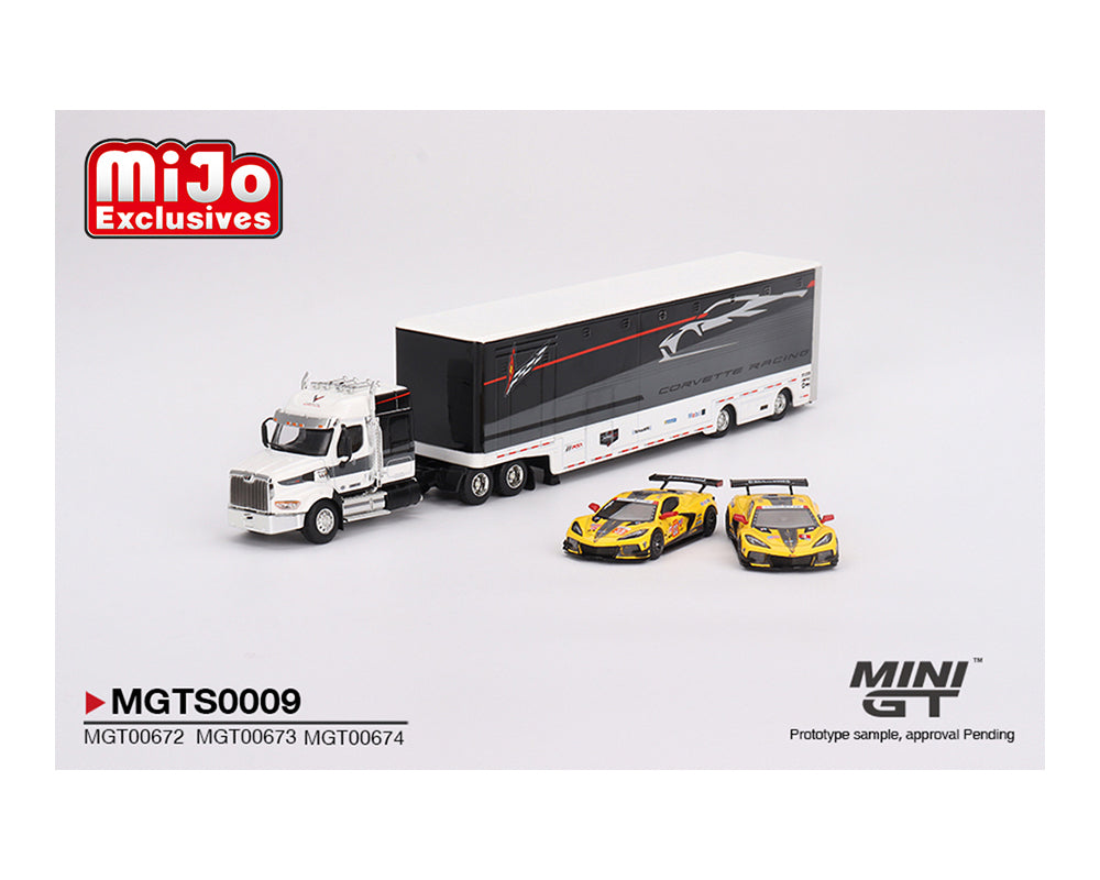 Mini GT 1:64 Chevrolet Corvette C8R Racing Cars #3 & #33 Winners with Western Star Transporter – Mijo Exclusives