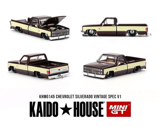 Kaido House x Mini GT 1:64 Chevrolet Silverado KAIDO Vintage Spec V1 – Two-Tone Brown Cream