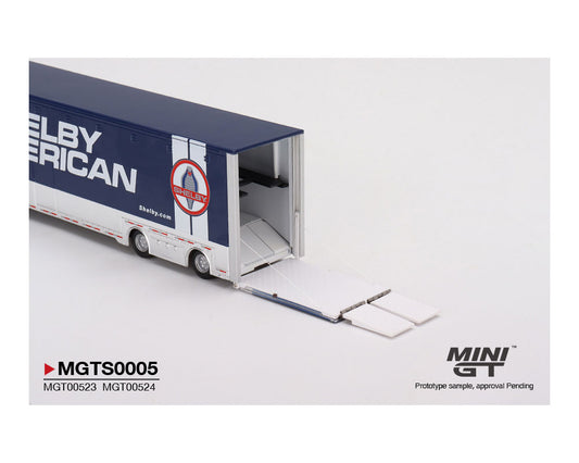 Mini GT 1:64 SHELBY Transporter Set – Shelby GT500 SE Widebody (Ford Performance Blue) & Western Star 49X w/ Racing Transporter Shelby America – MiJo Exclusives