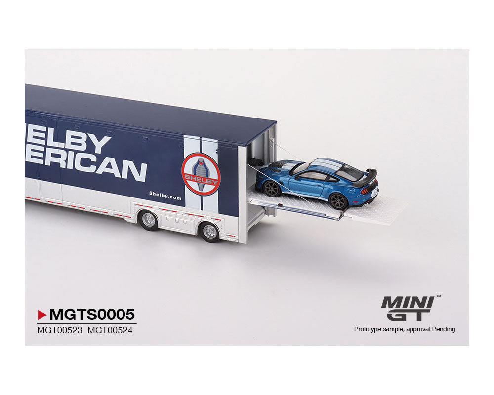 Mini GT 1:64 SHELBY Transporter Set – Shelby GT500 SE Widebody (Ford Performance Blue) & Western Star 49X w/ Racing Transporter Shelby America – MiJo Exclusives