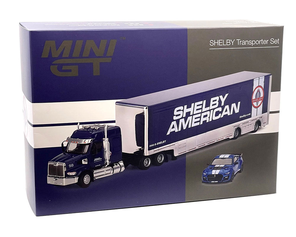 Mini GT 1:64 SHELBY Transporter Set – Shelby GT500 SE Widebody (Ford Performance Blue) & Western Star 49X w/ Racing Transporter Shelby America – MiJo Exclusives